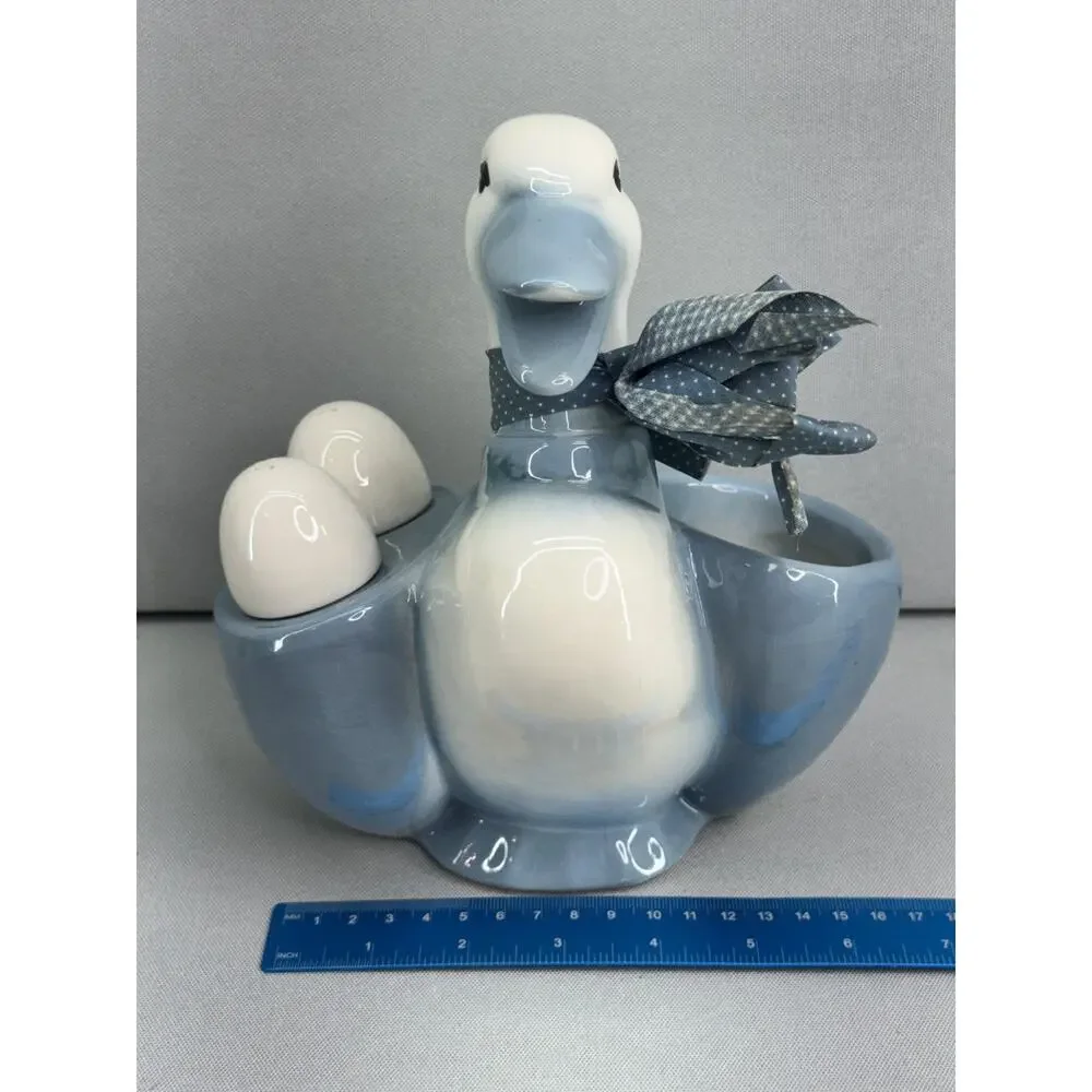 Vintage Ceramic Duck Napkin Holder Egg Salt Pepper Shakers Blue White READ